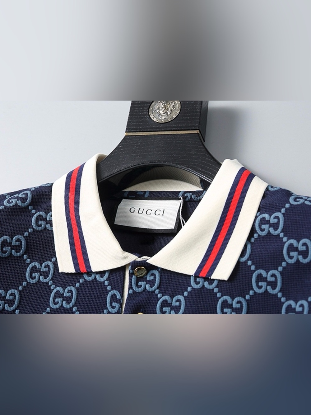Gucci Navy GG Jacquard Polo with White Collar and Red-Blue Stripe
